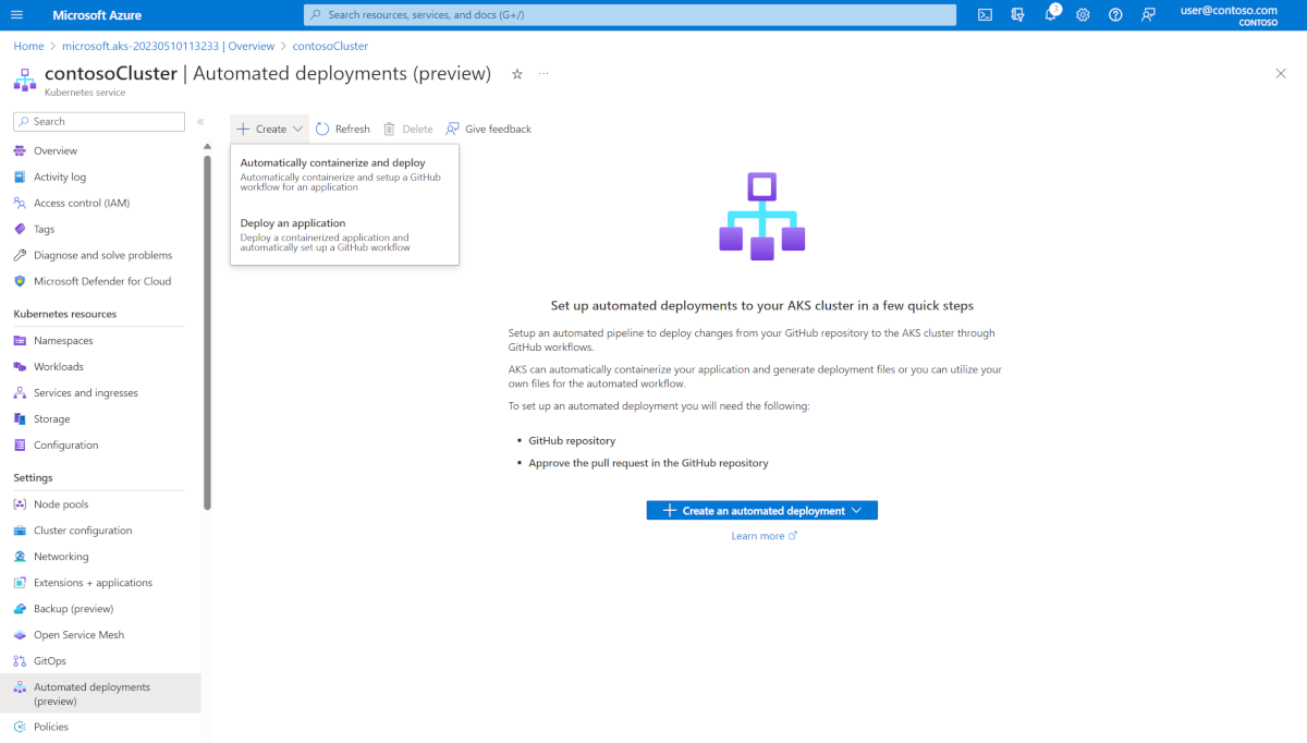 The automated deployments screen in the Azure portal. 'Create' has been selected, showing the options for already containerized applications and applications that aren't yet containerized.