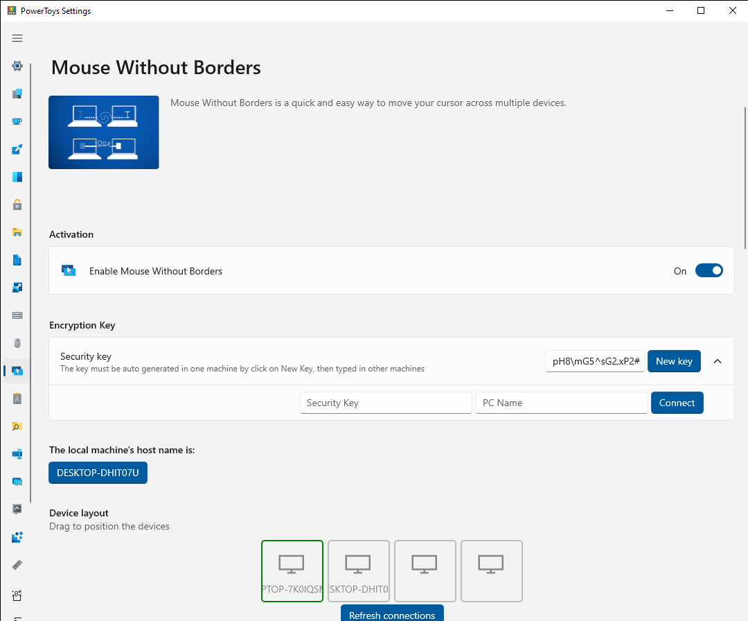 Screenshot of Mouse Without Borders settings on the second computer after connecting