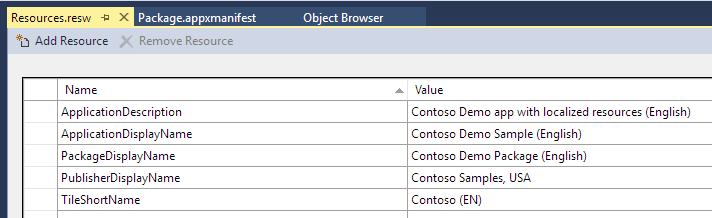 Screenshot showing the Resources.resw file showing the Name and Value columns. for the resources.